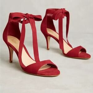 ANTHROPOLOGIE SCHUTZ TILAN ANKLE-TIE HEELS RED SUEDE SIZE 9